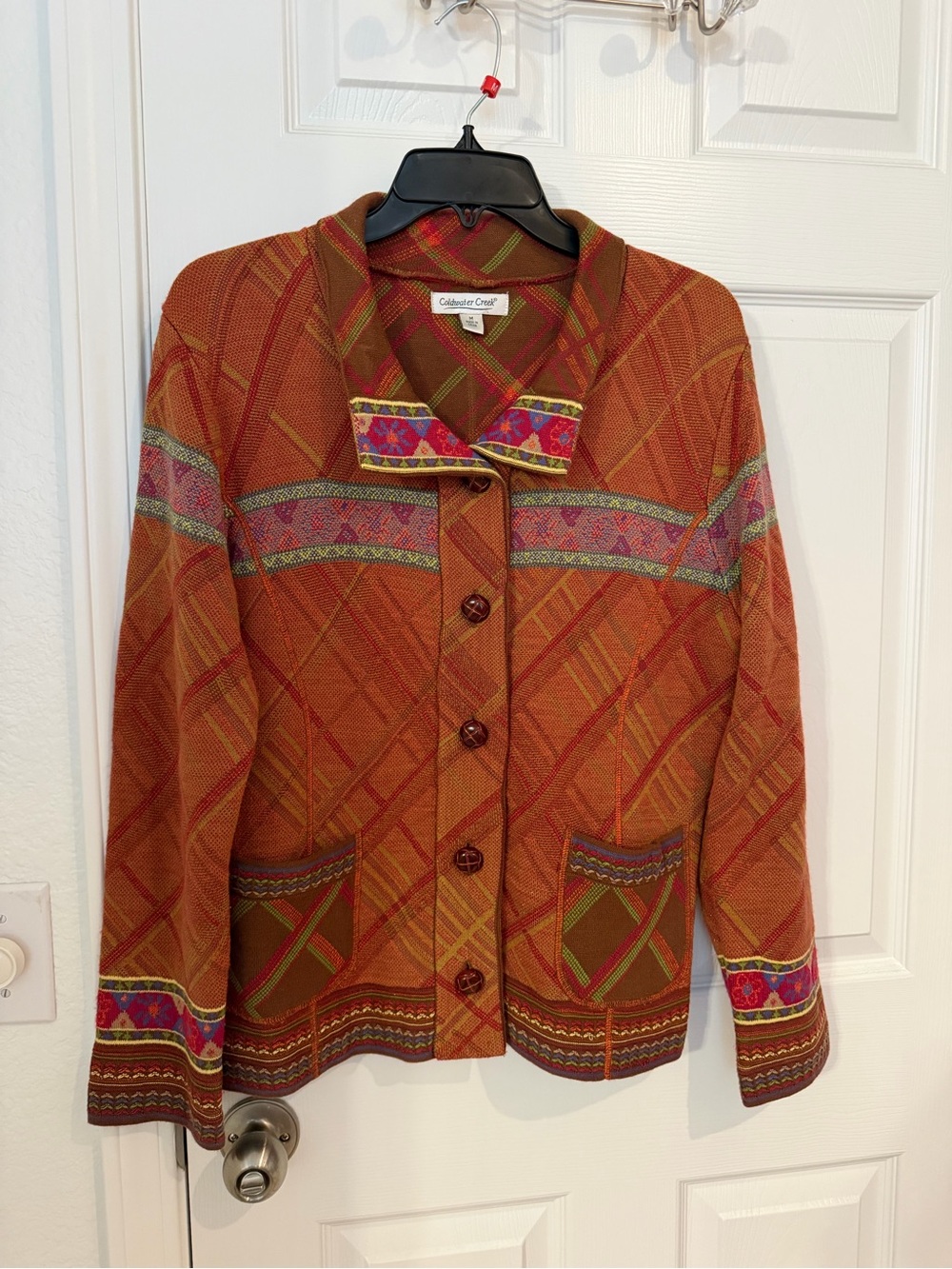 Cabin Creek Rust Orange Plaid Knit Jacket with Multicolor Trim